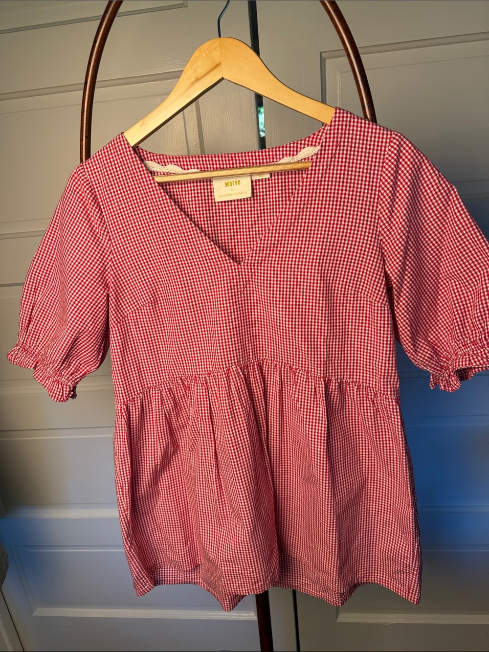 Maeve Anthropologie babydoll gingham top XS Red Puff Sleeve Cotton Cottagecore